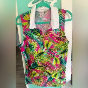 Tommy Bahama Pink Tropical Print Sleeveless Polo with White Collar